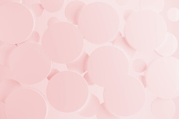 Light pink plastic circles flying on soft light shining background as pattern, top view. 3D illustration with cylinders as texture in modern gentle, geometric style for sale, advertising, design.