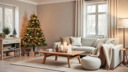 Fototapeta premium Nordic cozy living room interior with Christmas tree, beige sofa, coffee table, Scandinavian design, festive decor, beige tones, Nordic