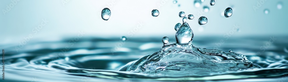 Poster mesmerizing water droplets splashing into a glass, refreshing display of purity and hydration