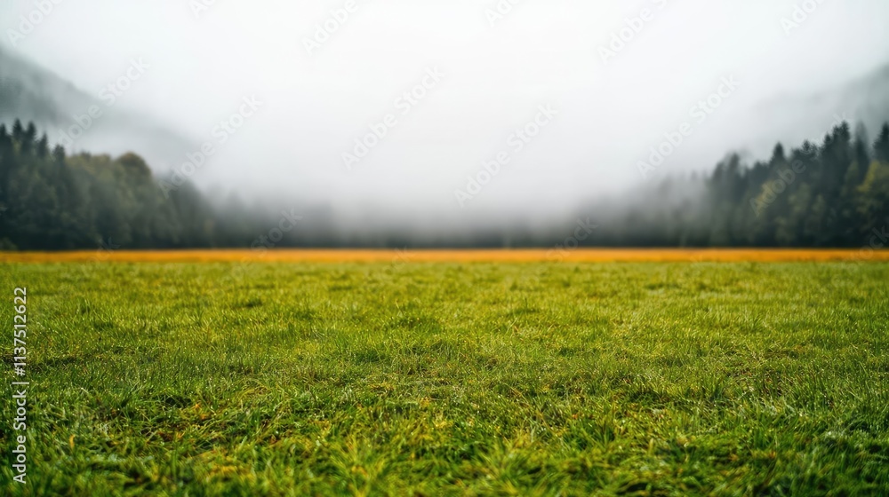 Poster mysterious fog idea. a serene landscape with lush green grass and a foggy background, evoking tranqu