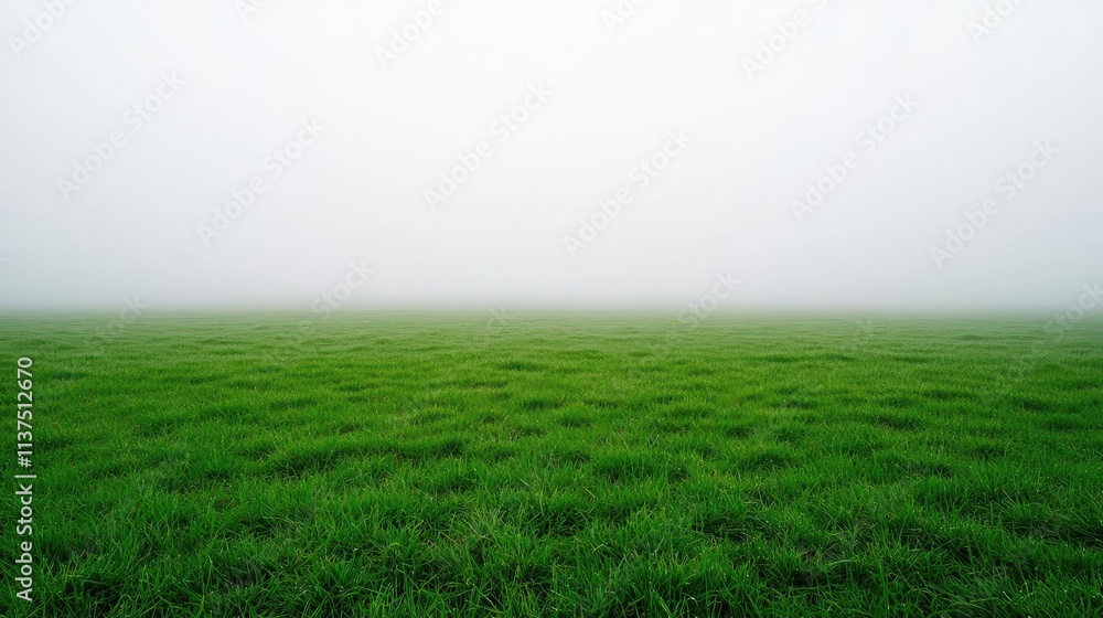 Poster Mysterious fog idea. A serene green field covered in fog, creating a tranquil and peaceful atmosphere.