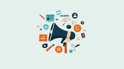 Hand holding megaphone;  surrounded by marketing icons.