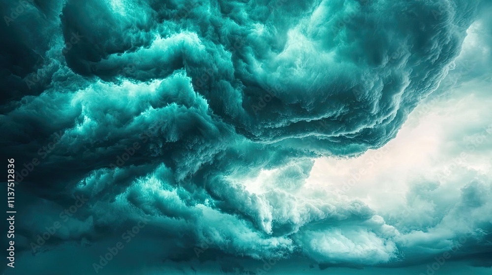 Poster weather forecast idea. dramatic clouds swirling in vibrant teal hues create an atmospheric landscape