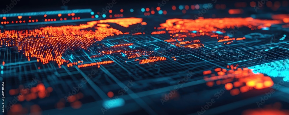 Poster Weather forecast idea. Futuristic digital world map with glowing circuits and data overlay effects.