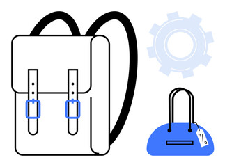 Backpack with buckles, blue handbag with a tag, and a gear. Ideal for retail, travel, fashion, e-commerce, school supplies accessories and branding. Line metaphor