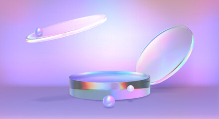 Round podium with glass morphism decoration and beads on lilac background. Vector realistic illustration of iridescent transparent platform for cosmetic product presentation, light flare on wall