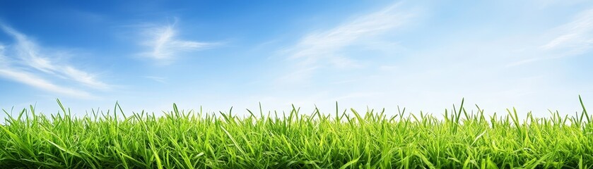 Obraz premium Vibrant green grass and clear blue sky, a serene landscape photo for nature lovers