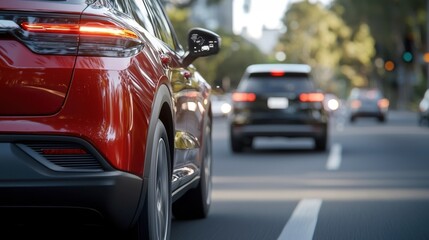 Powerful red luxury sport utility vehicle SUV driving on a busy city street surrounded by traffic and modern urban buildings in the background  The car represents transportation mobility