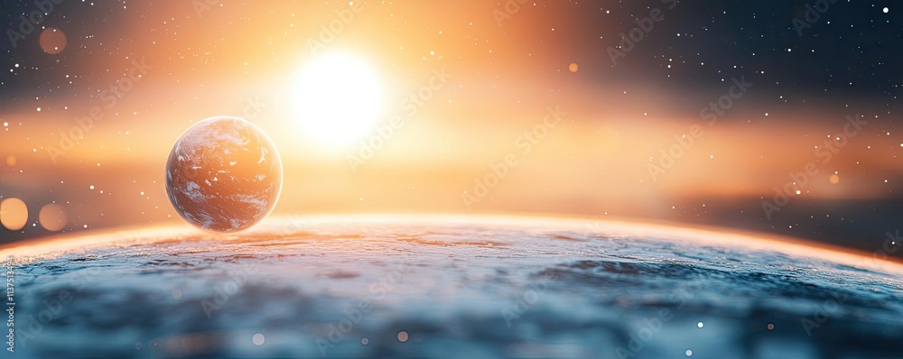 Poster weather forecast idea. a stunning view of earth from space with a glowing sun in the background.