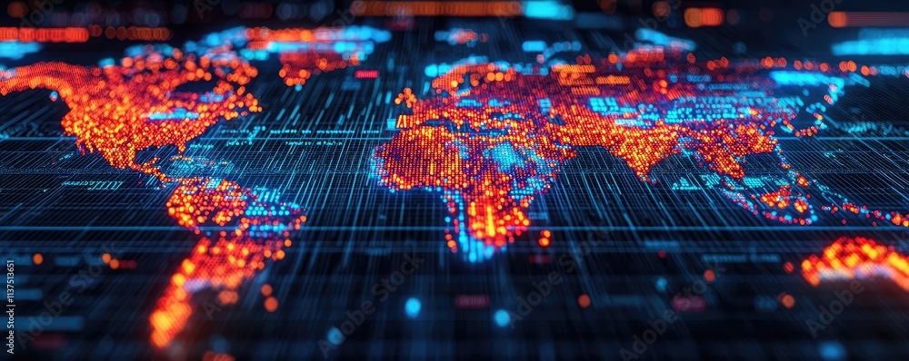 Poster Weather forecast idea. Digital map visualization with vibrant data streams and connections across the globe.