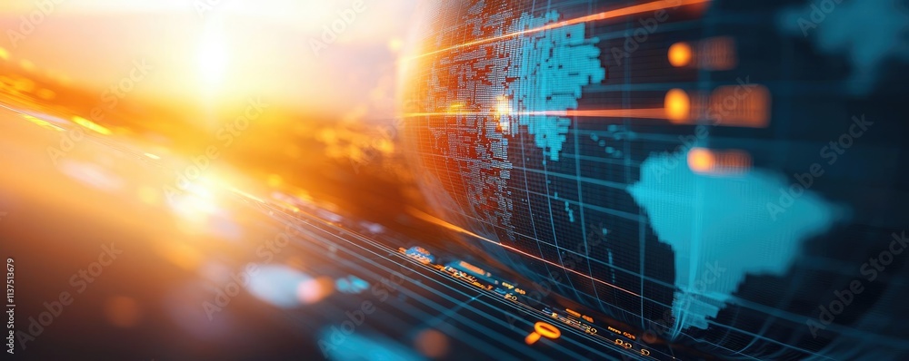 Poster Weather forecast idea. Futuristic globe with digital elements and sunlight creating a striking technological effect.