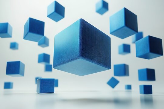 Fototapeta Abstract image of blue cubes floating in mid-air against a white background.