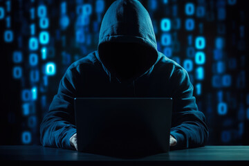 A mysterious figure in a hoodie sits before a laptop, surrounded by digital binary code, evoking themes of hacking and cybersecurity.