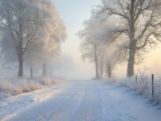 Obraz premium A Snowy Road Lined With Frosted Trees in a Misty Winter Landscape