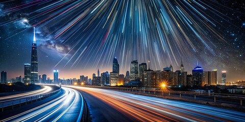 Fototapeta premium HD Black Background Long Exposure Photography: Abstract Light Trails, Night Cityscape, Starry Sky, Motion Blur Effects