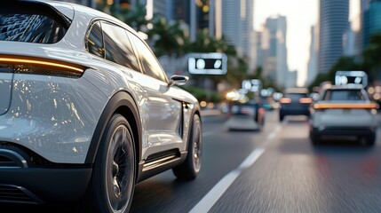 Luxury silver sedan car speeding through the busy downtown streets and skyscrapers of a modern metropolitan city with blurred motion and cityscape background