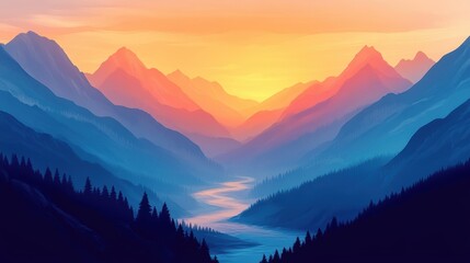 Obraz premium A mountain landscape at dawn with grainy gradient hues of orange and blue, featuring a river flowing through the valley