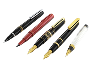 A set of writing pens isolated against a transparent background, ideal for office supplies, stationery collections, or professional tools.