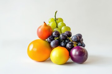 A Still Life Arrangement of Fresh Fruits Including Grapes, Orange, and Plum