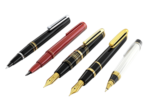 A set of writing pens isolated against a transparent background, ideal for office supplies, stationery collections, or professional tools.