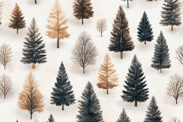 Fototapeta premium Seam pattern of snowy trees stretching into distance, creating a mesmerizing wintery landscape.