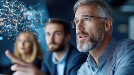 Obraz premium Diverse group of business professionals collaborating and strategizing on presentation and data analytics on a futuristic digital network interface Concept of teamwork innovation