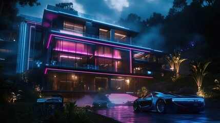 Modern mansion with neon lights and luxury cars