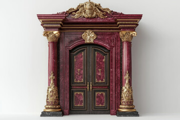 Red and gold painted cabinet with a door, adorned with intricate carvings and brass handles, standing against a textured cream wall in a dimly lit room.