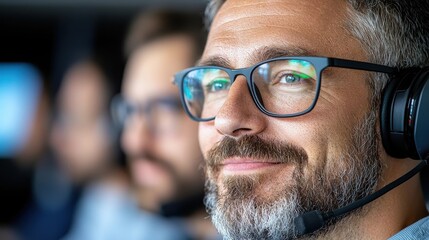 Portrait of a professional businessman wearing a headset and using a computer in a modern office environment suggesting communication teamwork and corporate productivity