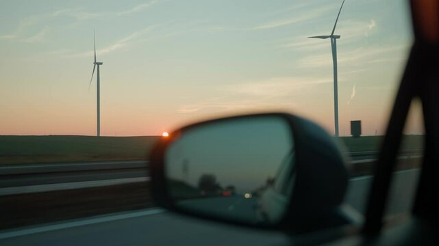 View of wind turbines at sunset through car window and side mirror with blurred highway in foreground