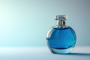 Blue bottle of perfume on blue background.