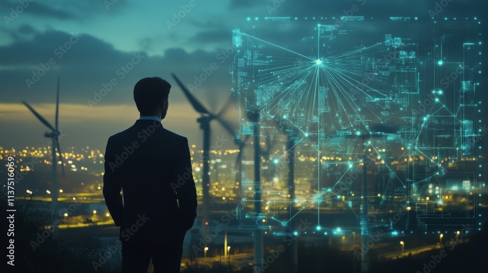 Poster a businessman stands against a backdrop of wind turbines at dusk, observing a digital data interface