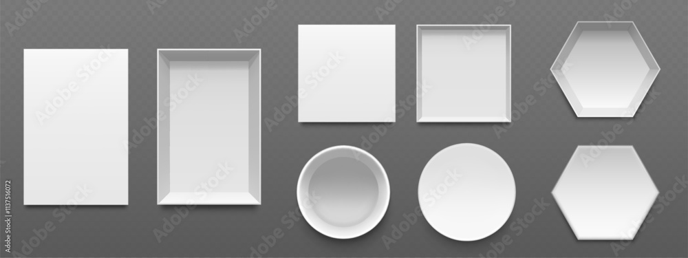 Poster set of white packaging mockups viewed from top on transparent background. rectangular, square, circu