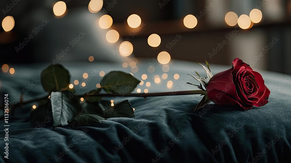 Poster valentine rose concept. a single red rose lies on a soft surface, surrounded by twinkling lights cre