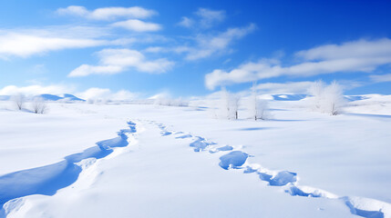 Snowy Winter Landscape with Blue Sky and Clouds