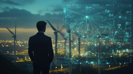 A businessman stands against a backdrop of wind turbines at dusk, observing a digital data interface projected in the air. The image blends technology with sustainable energy concepts, ideal for