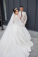 Fototapeta premium A bride and groom are posing for a picture in front of a building. The bride is wearing a long white dress and a tiara, while the groom is wearing a suit. Scene is happy and celebratory