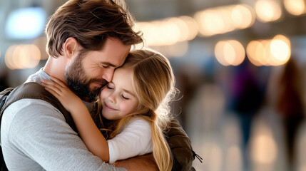 Fototapeta premium Family Reunion at Airport Terminal with Emotions and Warm Lighting