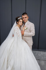 Naklejka premium A bride and groom are posing for a picture in front of a building. The bride is wearing a long white gown with a veil and a tiara, while the groom is wearing a suit. Scene is happy and celebratory