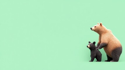 A mother bear and her cub against a pastel green background.