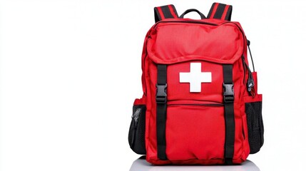 Naklejka premium A photostock of a red medical emergency backpack isolated on a white background, practical and essential, High Quality