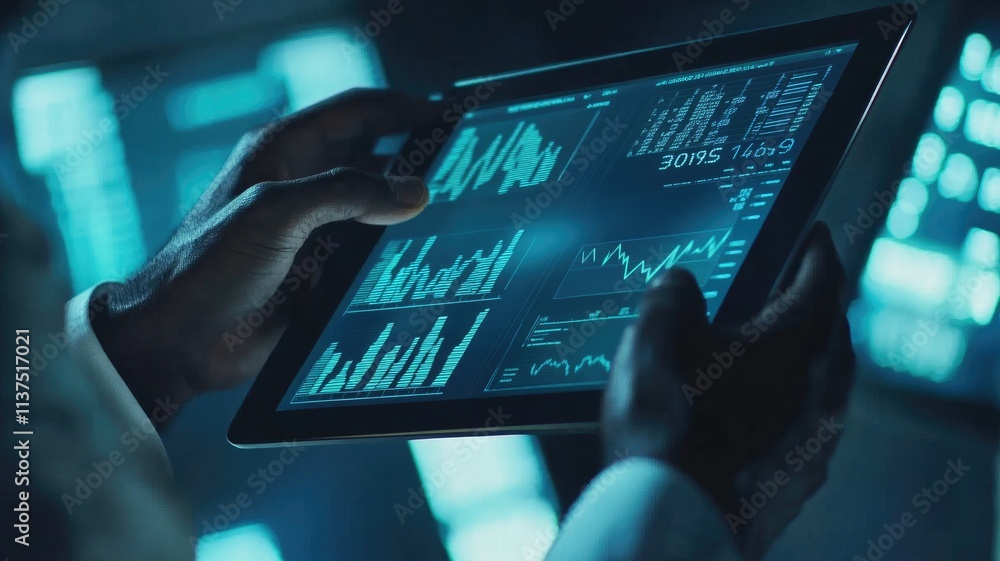 Aufkleber a person holding computer tablet with holographic graphs and numbers, showing growth in sales or bal