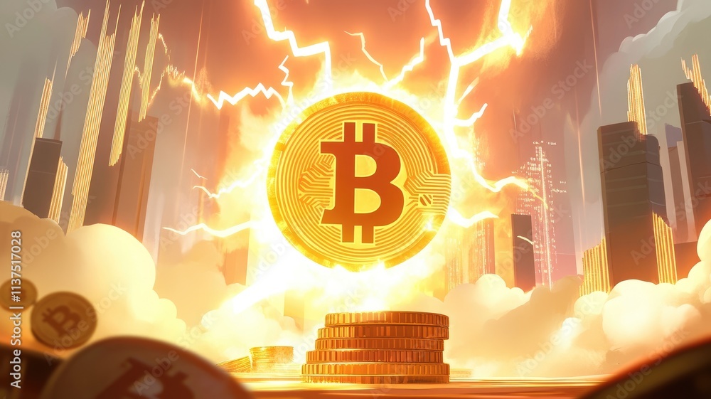 Poster bitcoin logo with lightning bolts around it, set against an ethereal background with stock market ch