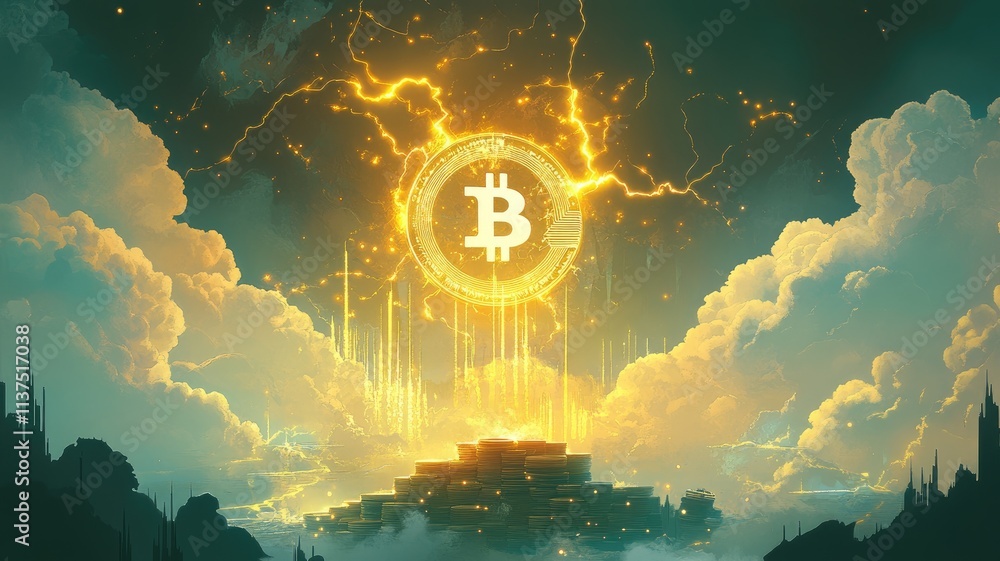 Poster bitcoin logo with lightning bolts around it, set against an ethereal background with stock market ch