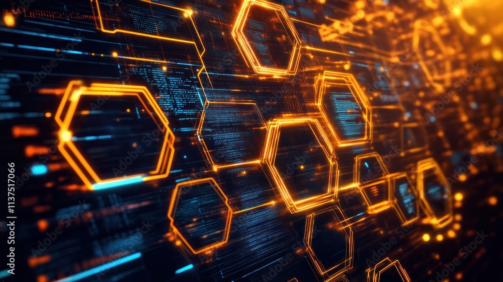 Poster abstract digital hexagonal pattern with glowing elements