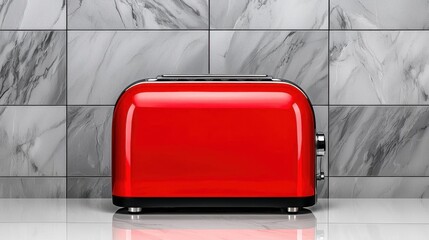 A photostock of a red toaster with a sleek glossy finish on a white surface, ideal for kitchen appliance advertisements, High Quality