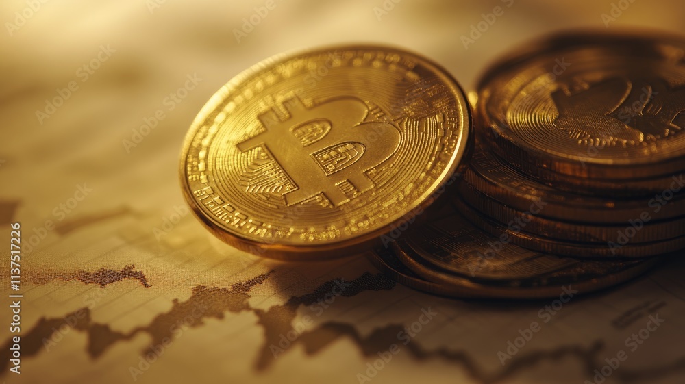 Poster one bitcoin put on coins stack with stock market charts background. a stack of coins sits below,clea