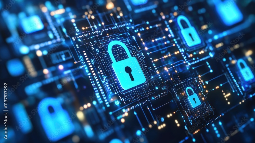Poster digital locks on circuit board symbolizing cybersecurity