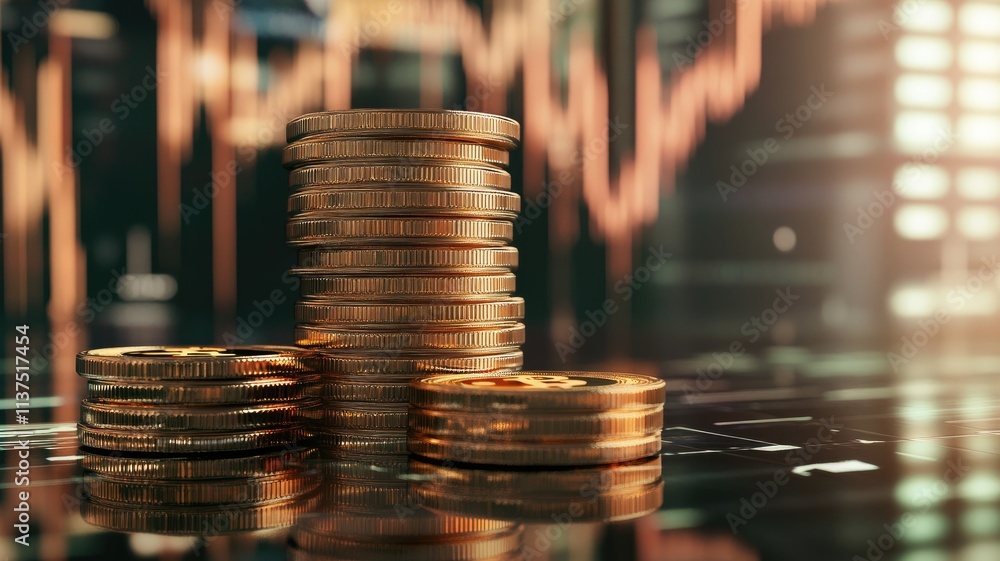 Aufkleber one bitcoin put on coins stack with stock market charts background. a stack of coins sits below, gen