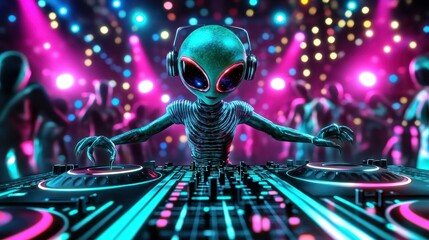 Alien DJ performing at vibrant dance party